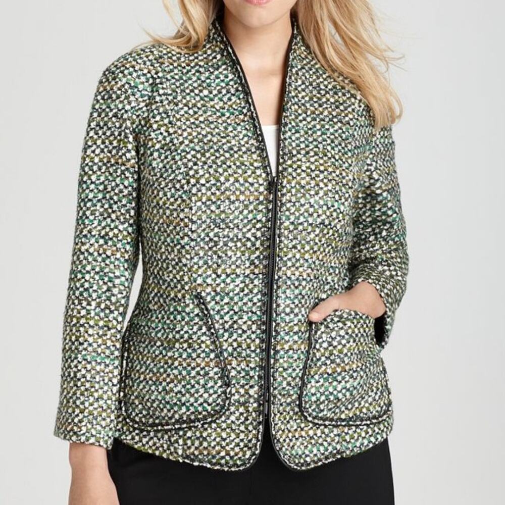 Lafayette 148 Tweed Blazer Wool‎ Blend Zip Front Green Size 8 Classic Luxury